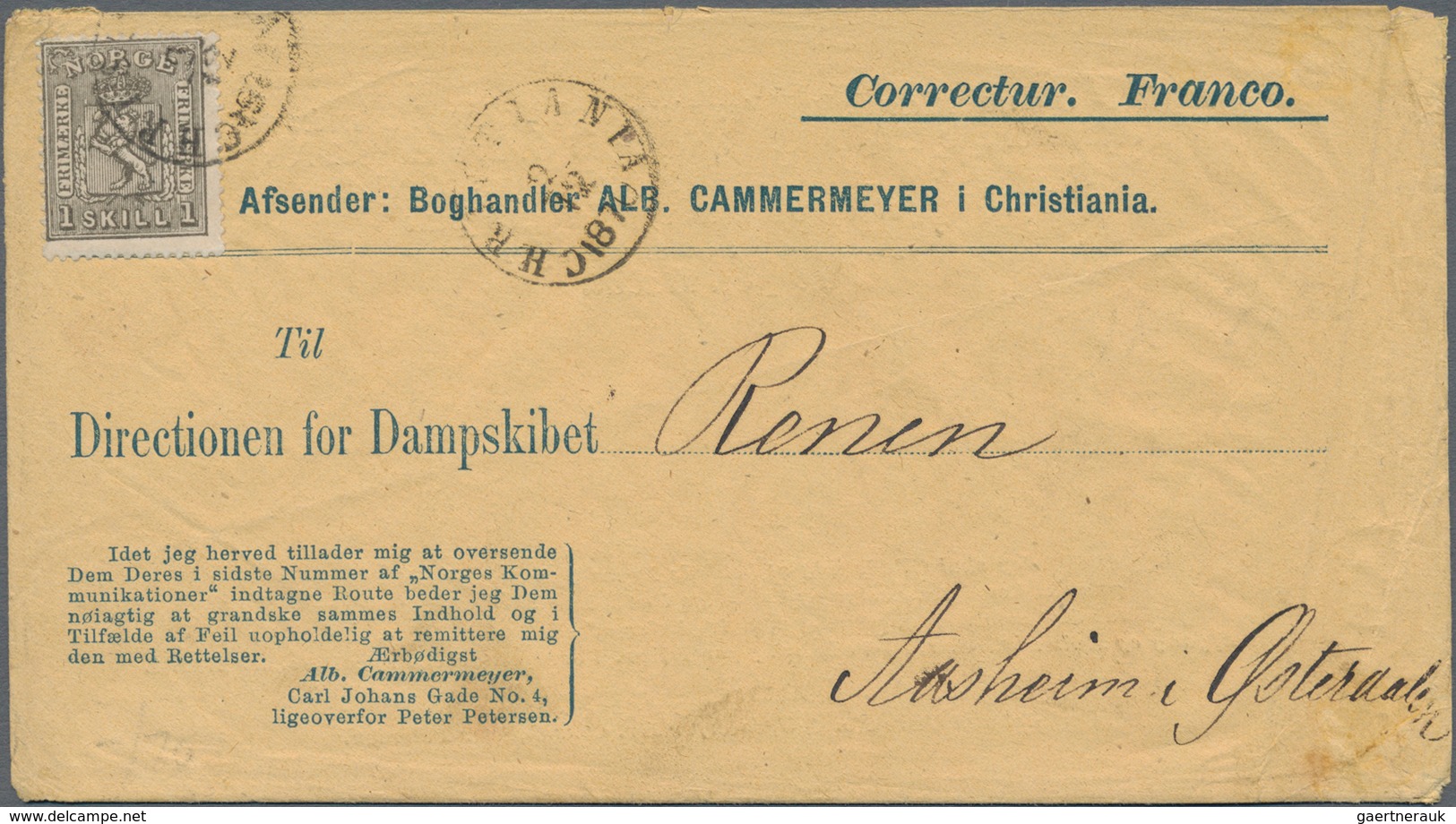 Norwegen: 1868, 1 Skilling Black, Single Franking On Advertising Envelope 'Alb. Cammermeyer', Sent F - Briefe U. Dokumente