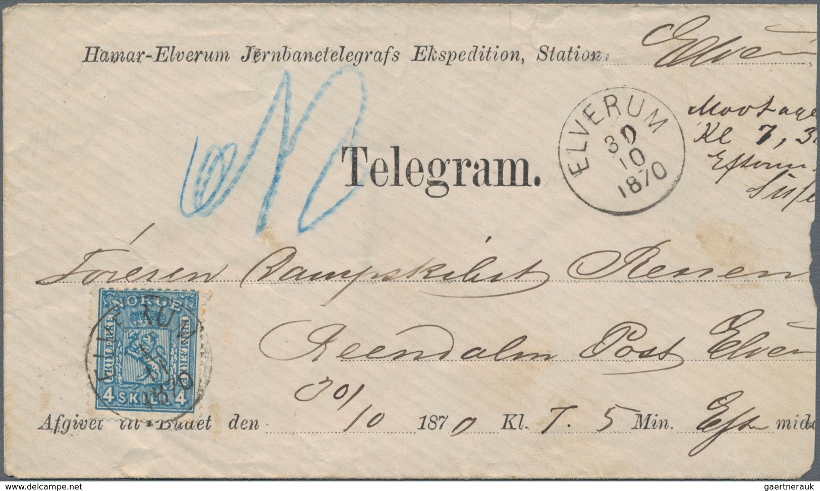 Norwegen: 1870, 4 Skilling Blue, Single Franking On Preprinted TELEGRAM Envelope From 'Hamar-Elverum - Covers & Documents