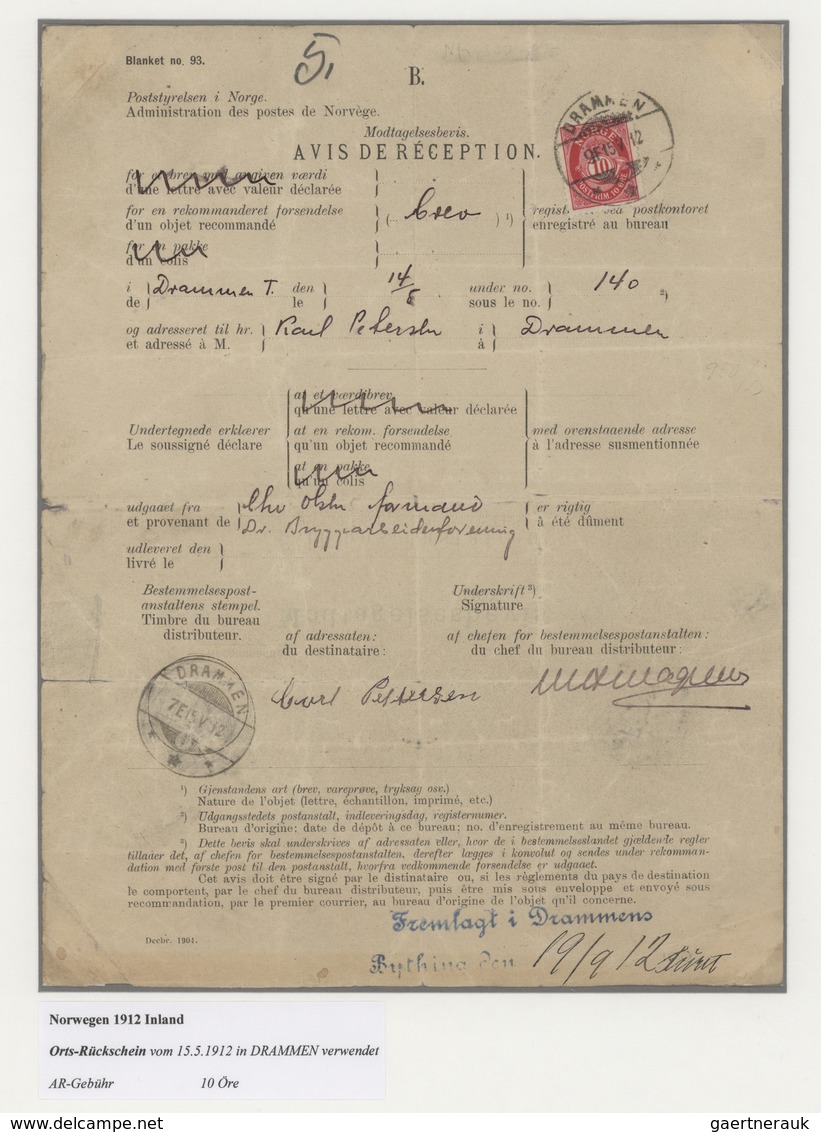 Norwegen: 1912, Avis De Reception, 10ö. Red On Receipt Form For A Local Registered Letter "DRAMMEN 1 - Briefe U. Dokumente