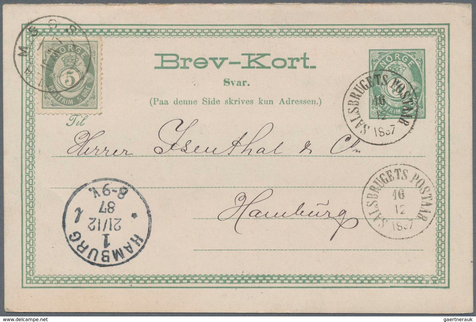 Norwegen - Ganzsachen: 1887 Commercially Used Uprated Reply Part Of A Postal Stationery Reply Paid C - Postal Stationery