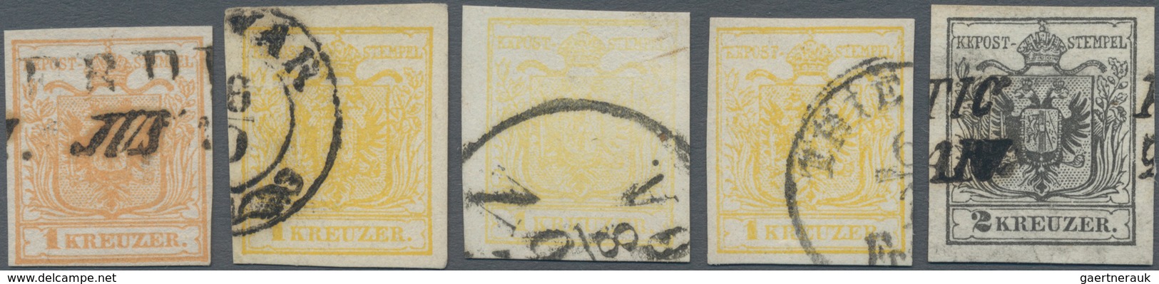 Österreich: 1850, 1 Kr. Gelb Vier Werte Mit Teils Unterschiedl. Papieren, Farben Und Typen Sowie 2 K - Used Stamps