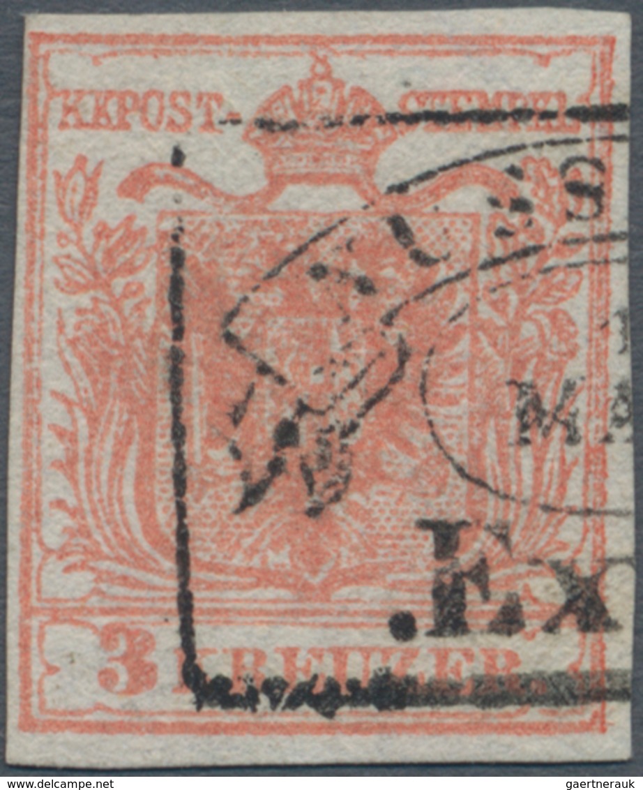 Österreich: 1850, 3 Kr. Rosa Auf Handpapier (SEIDEN-Papier 0,07 Mm), Randdruck Und Kleiner WZ-Teil R - Gebraucht