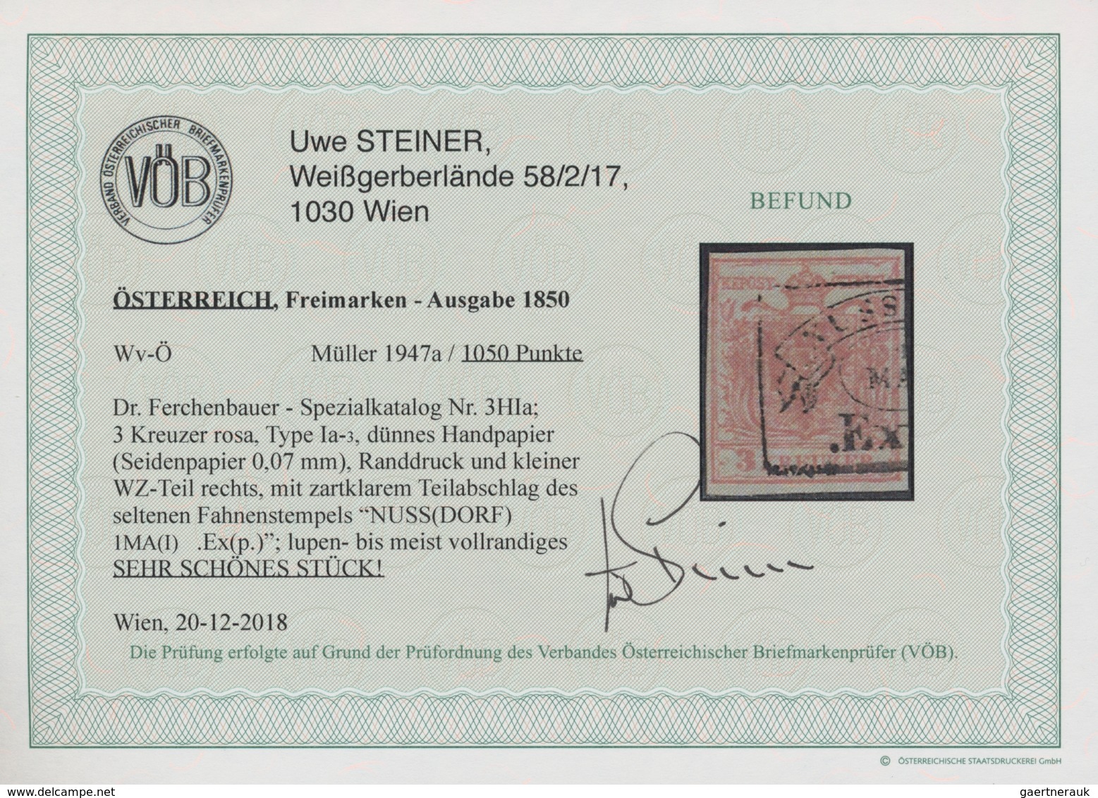 Österreich: 1850, 3 Kr. Rosa Auf Handpapier (SEIDEN-Papier 0,07 Mm), Randdruck Und Kleiner WZ-Teil R - Used Stamps
