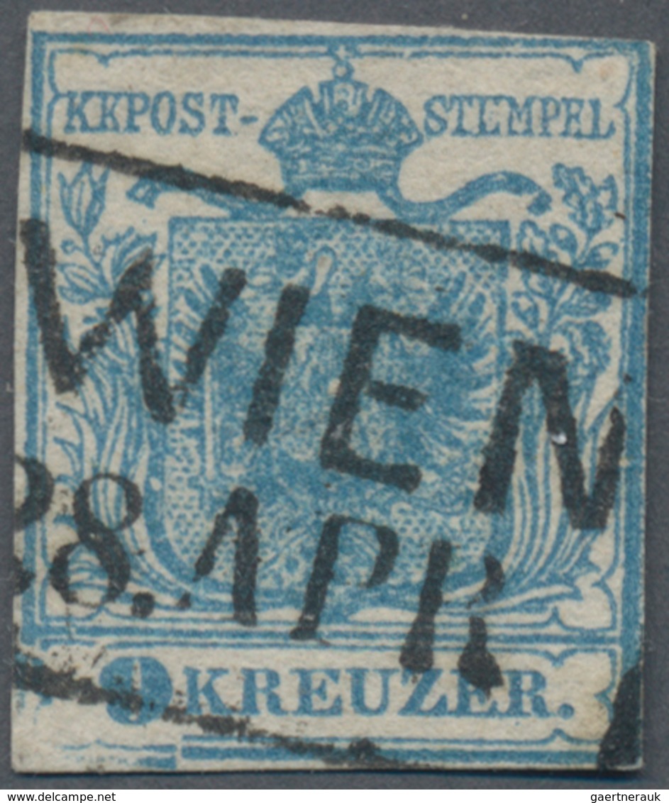 Österreich: 1850, Freimarke 9 Kr. Handpapier In Type I Dunkelblau, Bogenstellung 16 Aus Der Viertelp - Used Stamps