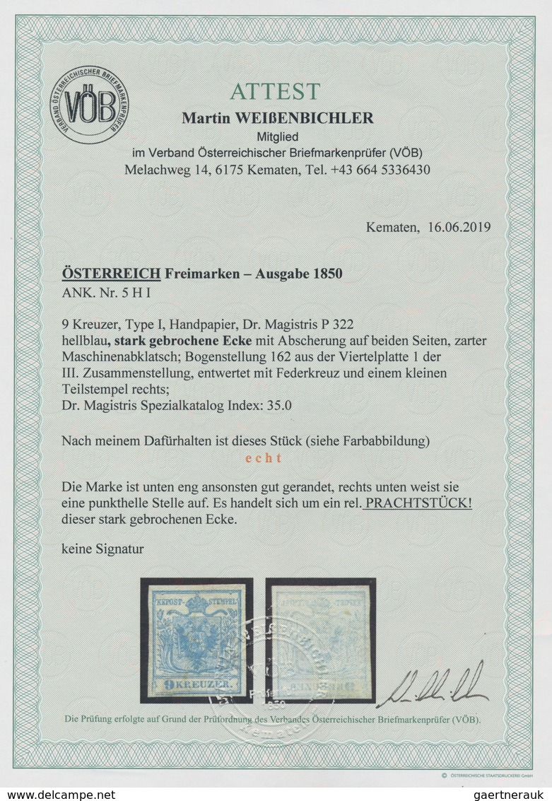 Österreich: 1850, Freimarke 9 Kr. Handpapier In Type I Mit Stark Gebrochener Eck Mit Abscherung Auf - Gebraucht