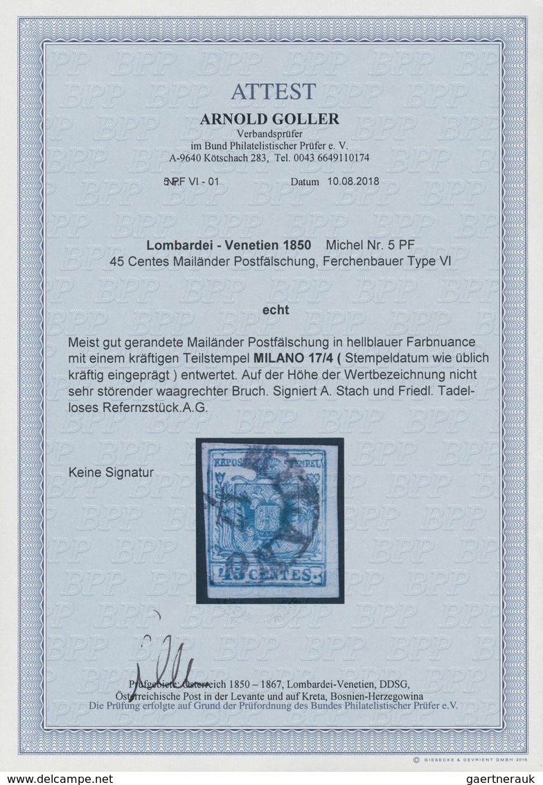 Österreich: 1850, 45 Centes Mailänder Postfälschung, Gut Gerandet In Hellblauer Farbnuance Mit Einem - Used Stamps