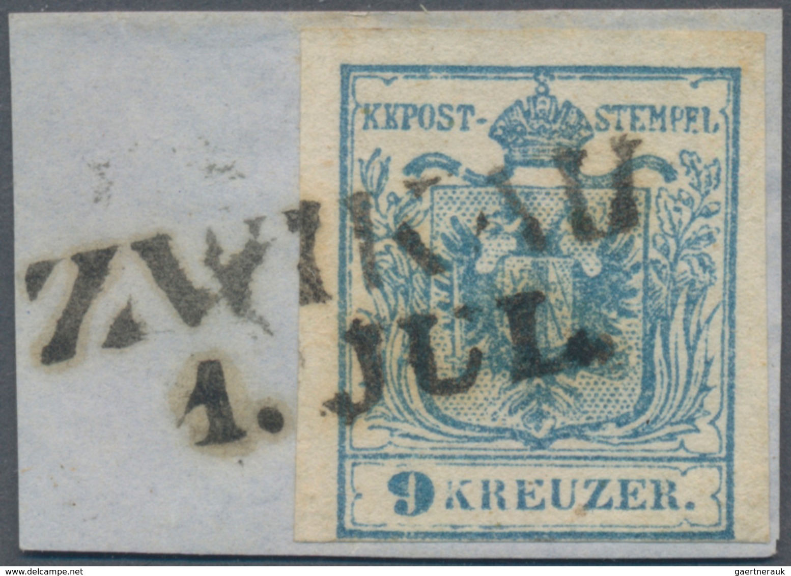 Österreich: 1850, 9 Kr. Handpapier Type I, Blau P 300 Auf Briefstück, VP 2 Aus Der Z III, Bst. 119. - Used Stamps