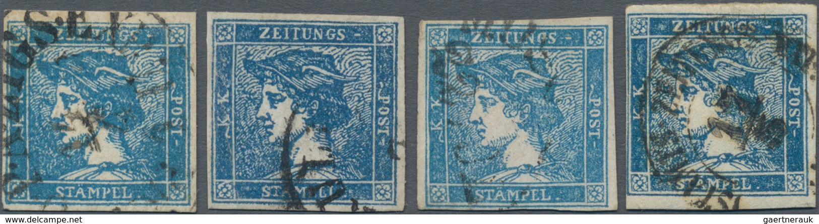 Österreich: 1851, Vier BLAUE Merkure (0.6 Kr.) N Teils Unterschiedl. Typen Und Farbnuancen Davon Dre - Gebraucht