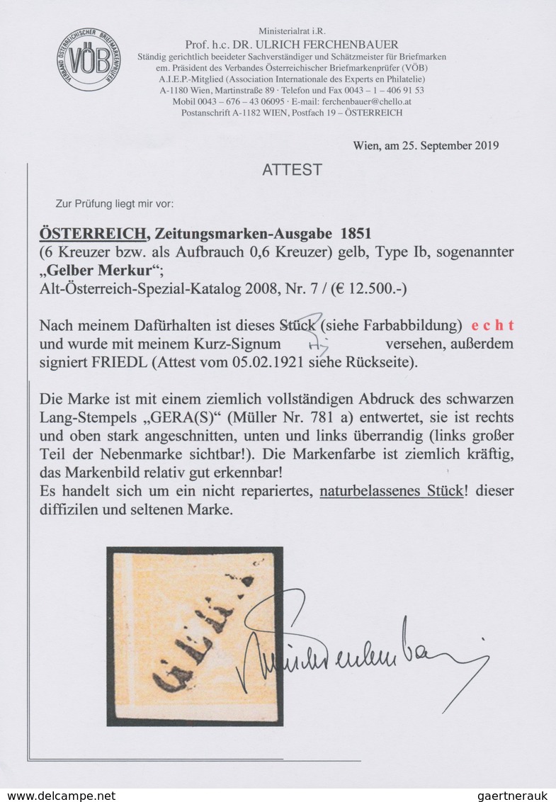 Österreich: 1851, 'Gelber Merkur' (6 Kr.) Gelb, Type Ib. Die Marke Ist Mit Einem Ziemlich Vollständi - Used Stamps
