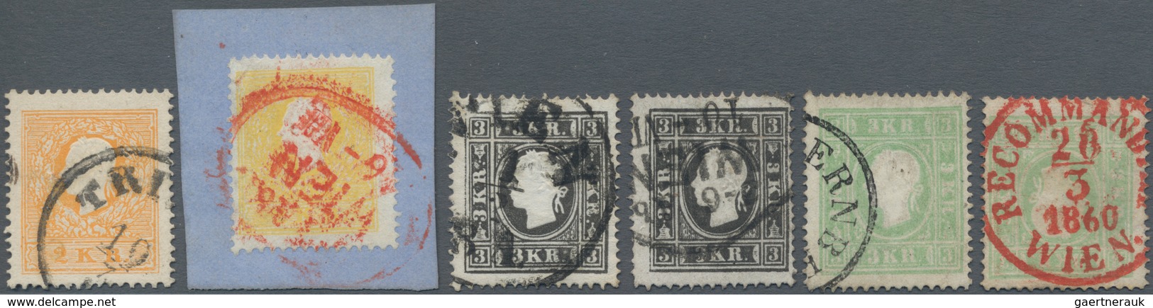 Österreich: 1858/1859, Sechs Werte In Type II Dabei 2 Kr. Gelb (Bfstk. Mit Rotstpl.) Und Orange Sowi - Gebruikt