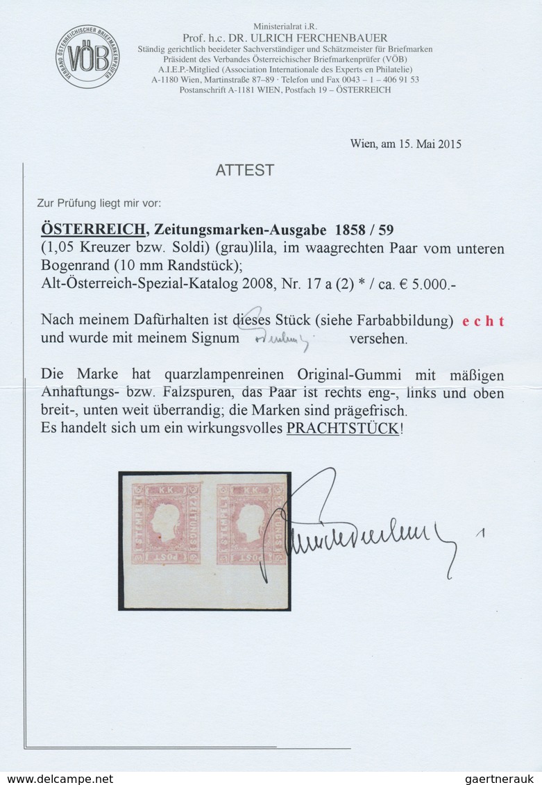 Österreich: 1858, (1,05 Kr) Graulila Im Waager. Paar Mit 10 Mm Unterrand Mit Originalgummi Ungebrauc - Used Stamps