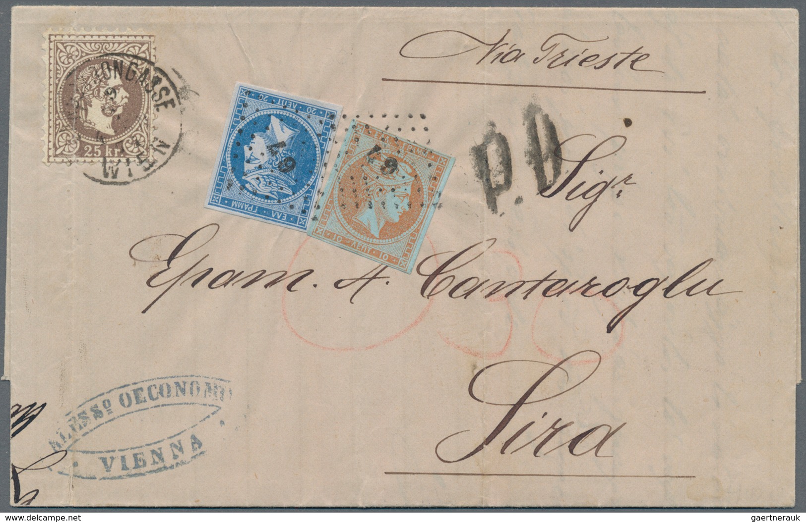 Österreich: 1874, 25 Kr. Braun (senkrechter Bug) Auf Briefhülle Von Wien Nach Syros, Der Griechische - Gebraucht