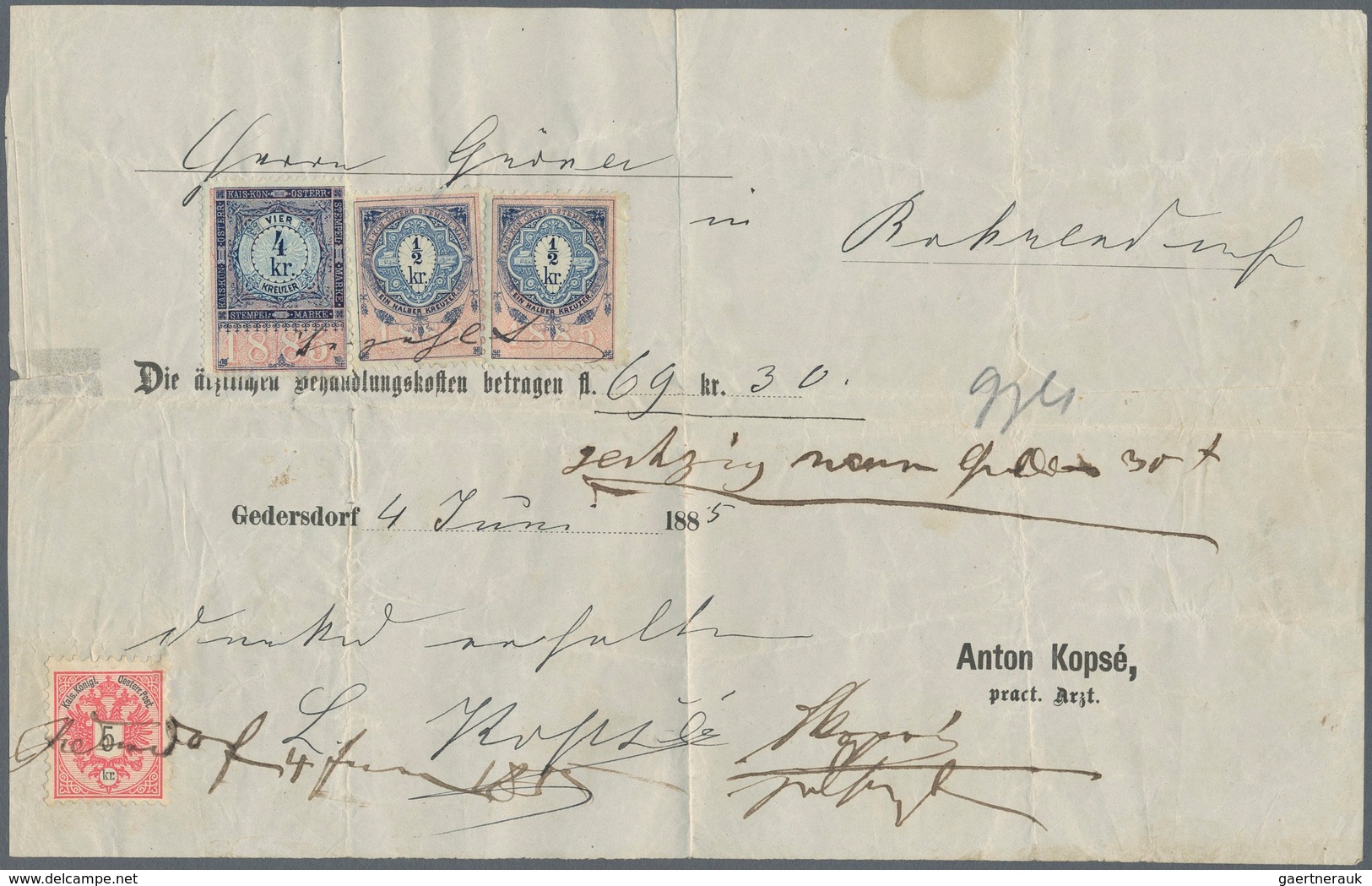 Österreich: 1885, 5 Kr Lilarot/schwarz 'Doppeladler', Zusammen 2 X 1/2 Kr U. 4 Kr Steuermarke Mit Ja - Gebraucht