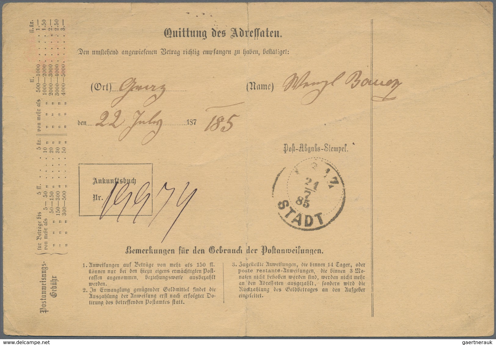 Österreich: 1885, Gebrauchtes Postanweisungsformular Mit Einzelfrankatur Doppeladler 5 Kr. Rosa Von - Gebraucht