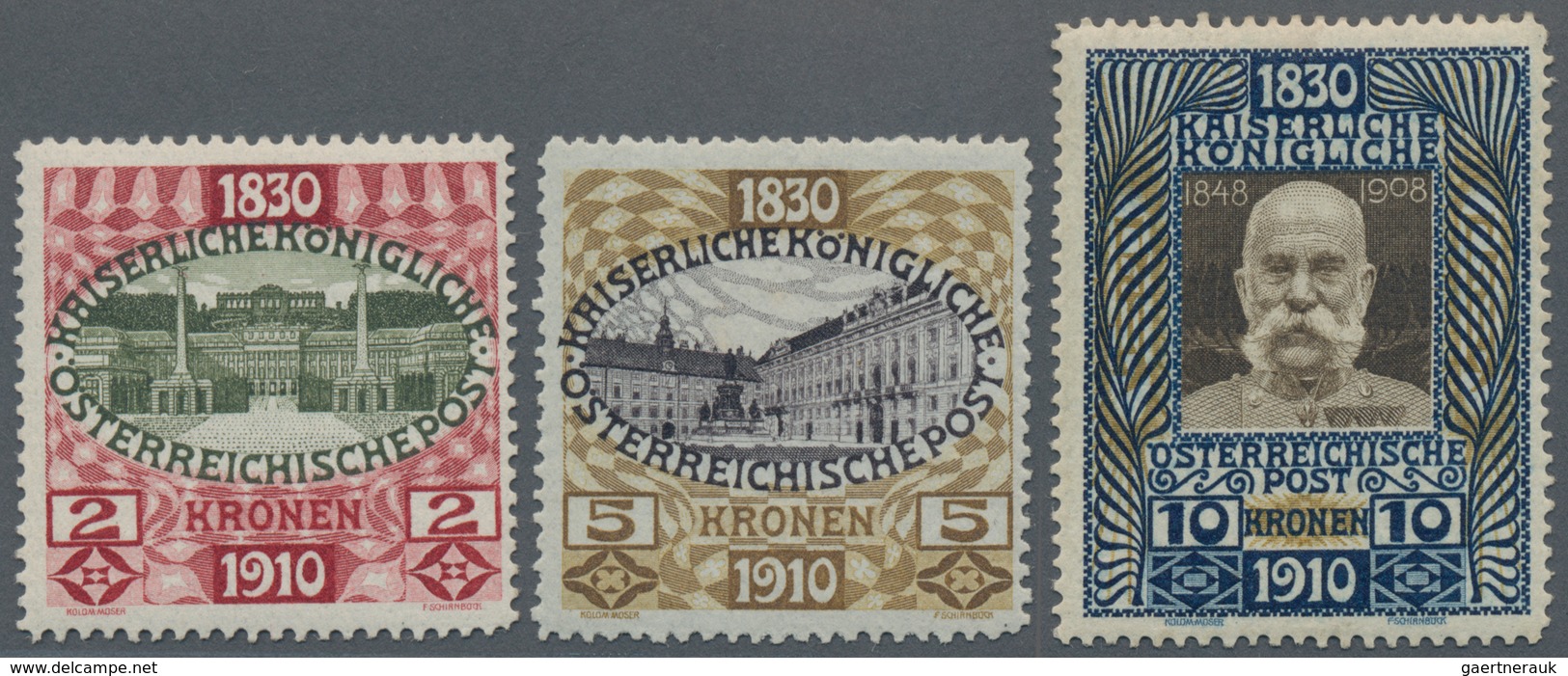 Österreich: 1910, Jubiläumsausgabe, 2 Kr.-10Kr., Die Drei Höchstwerte Ungebraucht Mit Originalgummi. - Usados