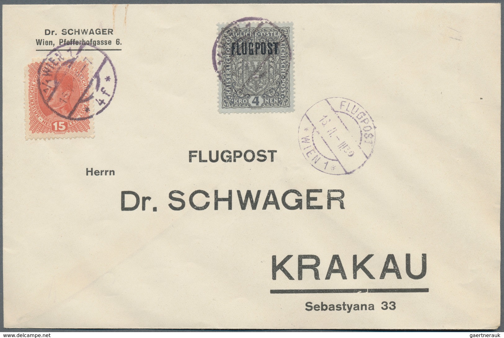 Österreich: 1918, 1.50 Bis 4 Kr Flugpost-Aufdruckmarken MiF Auf Zwei Briefen Von Wien Nach Krakau - Gebraucht