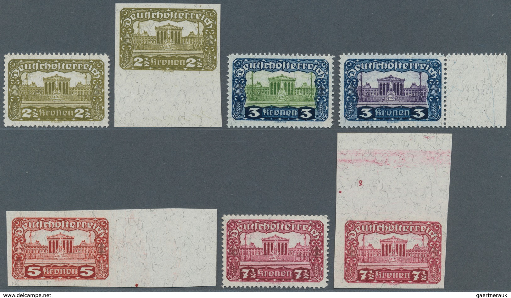 Österreich: 1919, Parlamentsgebäude, 2½, 3 Und 7½ Kronen (je 2) Sowie 5 Kronen, Insgesamt 7 Verschie - Gebraucht