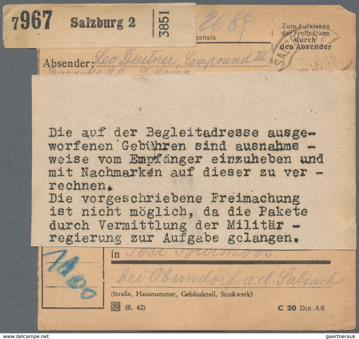 Österreich - Portomarken: 1946, Paket-Begleitadresse Ab "SALZBURG 2" Adressiert Nach Bürmoos Mit Por - Strafport