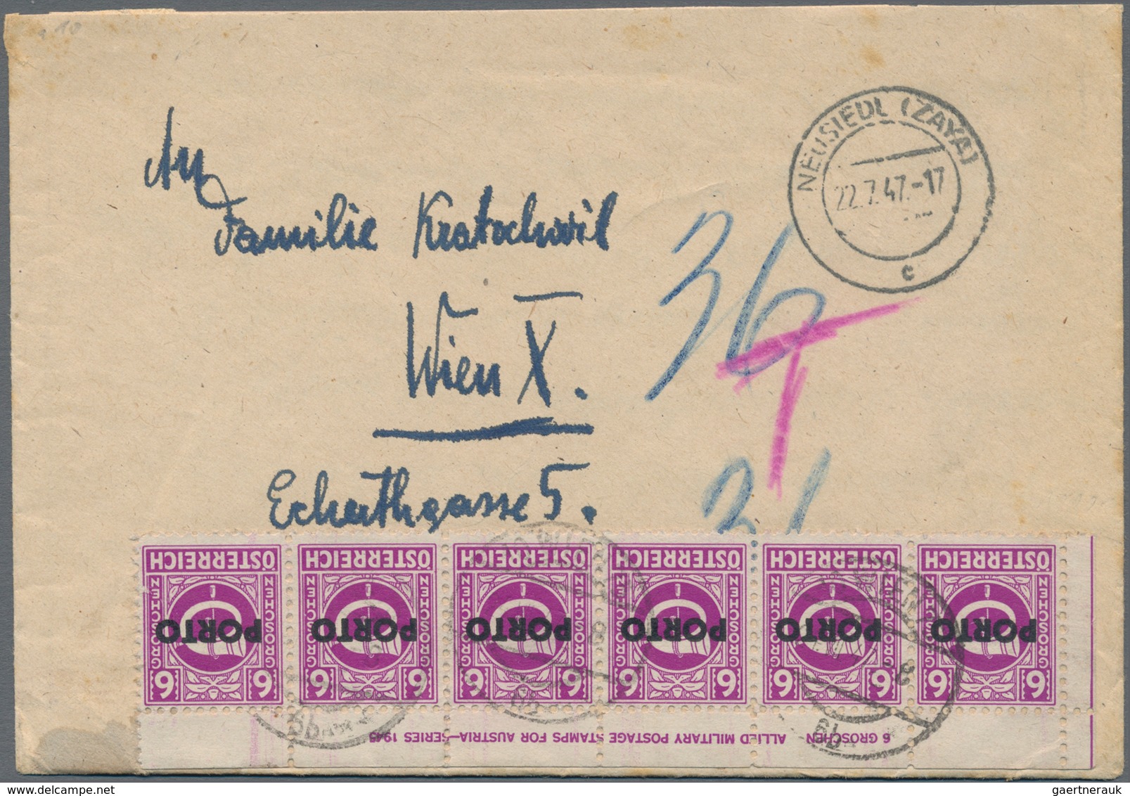 Österreich - Portomarken: 1946, Unfrankierter Brief Von NEUSIEDL(ZAYA), 22.7.47, Nach Wien Und Bei A - Postage Due