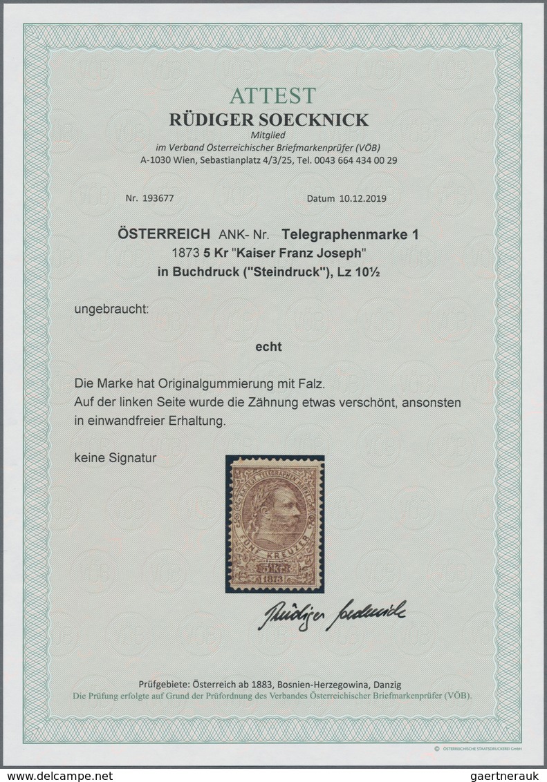 Österreich - Telegrafenmarken: 1873, Kaiser Franz Joseph 5 Kr Braun, Buchdruck ("Steindruck") In Zäh - Telegraph