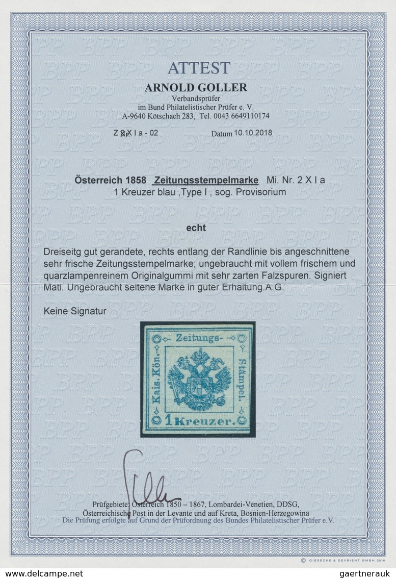 Österreich - Zeitungsstempelmarken: 1858, 1 Kr. Blau, Grober Druck, Provisorische Type I, Dreiseitig - Periódicos