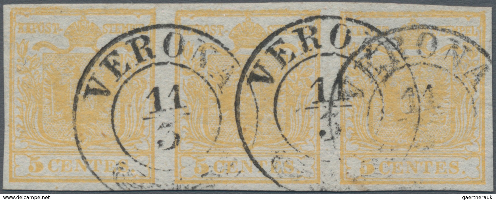Österreich - Lombardei Und Venetien: 1850, 5 C. Ockergelb Im Allseits Vollrandigen Dreierstreifen Mi - Lombardo-Venetien