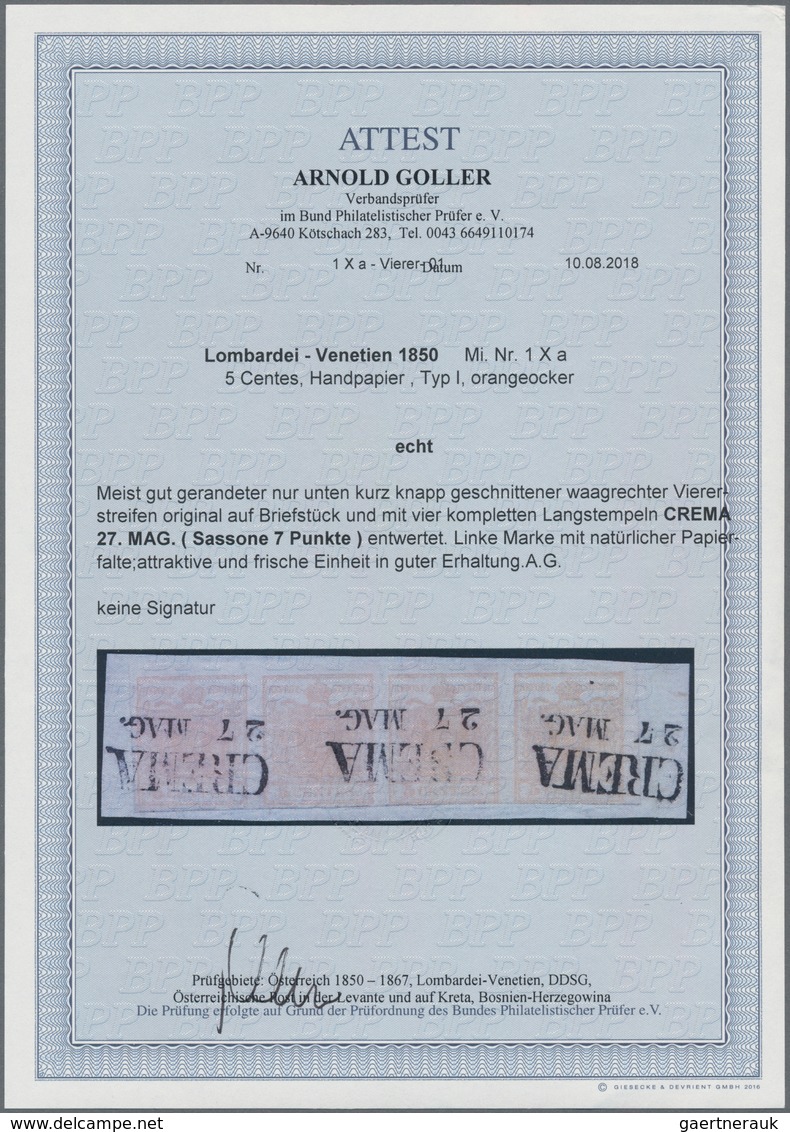 Österreich - Lombardei Und Venetien: 1850, 5 C. Orangeocker Auf Handpapier, Type I, Mesit Gut Gerand - Lombardo-Venetien