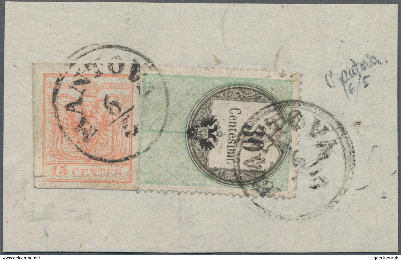 Österreich - Lombardei Und Venetien: 1854, 15 C Rot, Maschinenpapier, Zusammen Mit Stempelmarke 30 C - Lombardo-Venetien