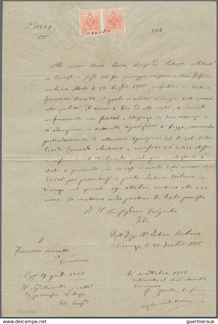 Österreich - Lombardei Und Venetien: 1855, 15 C Rot, Waagerechtes Paar, FISKALISCH Verwendet Und Han - Lombardo-Venetien