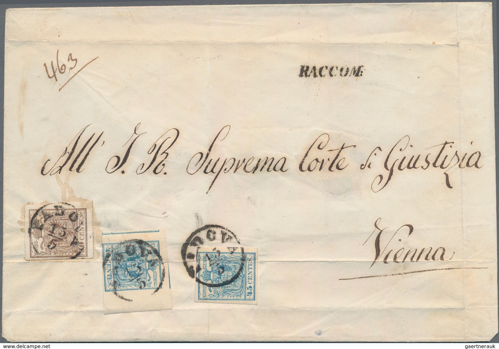 Österreich - Lombardei Und Venetien: 1850, 30 C Braun Und 2x 45 C Blau (1x Randstück) MiF Je Entwert - Lombardo-Venetien