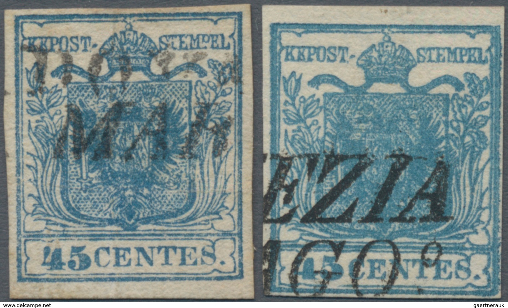 Österreich - Lombardei Und Venetien: 1850, 45 C. Blau HP Zwei Werte Auf GERIPPTEM Handpapier In Zwei - Lombardy-Venetia