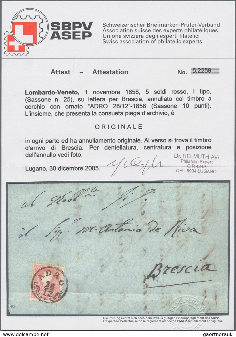 Österreich - Lombardei Und Venetien: 1858, 5 So Rot Type I Entwertet Mit K1 "ADRO" (Sass. 10 Pkte.) - Lombardy-Venetia