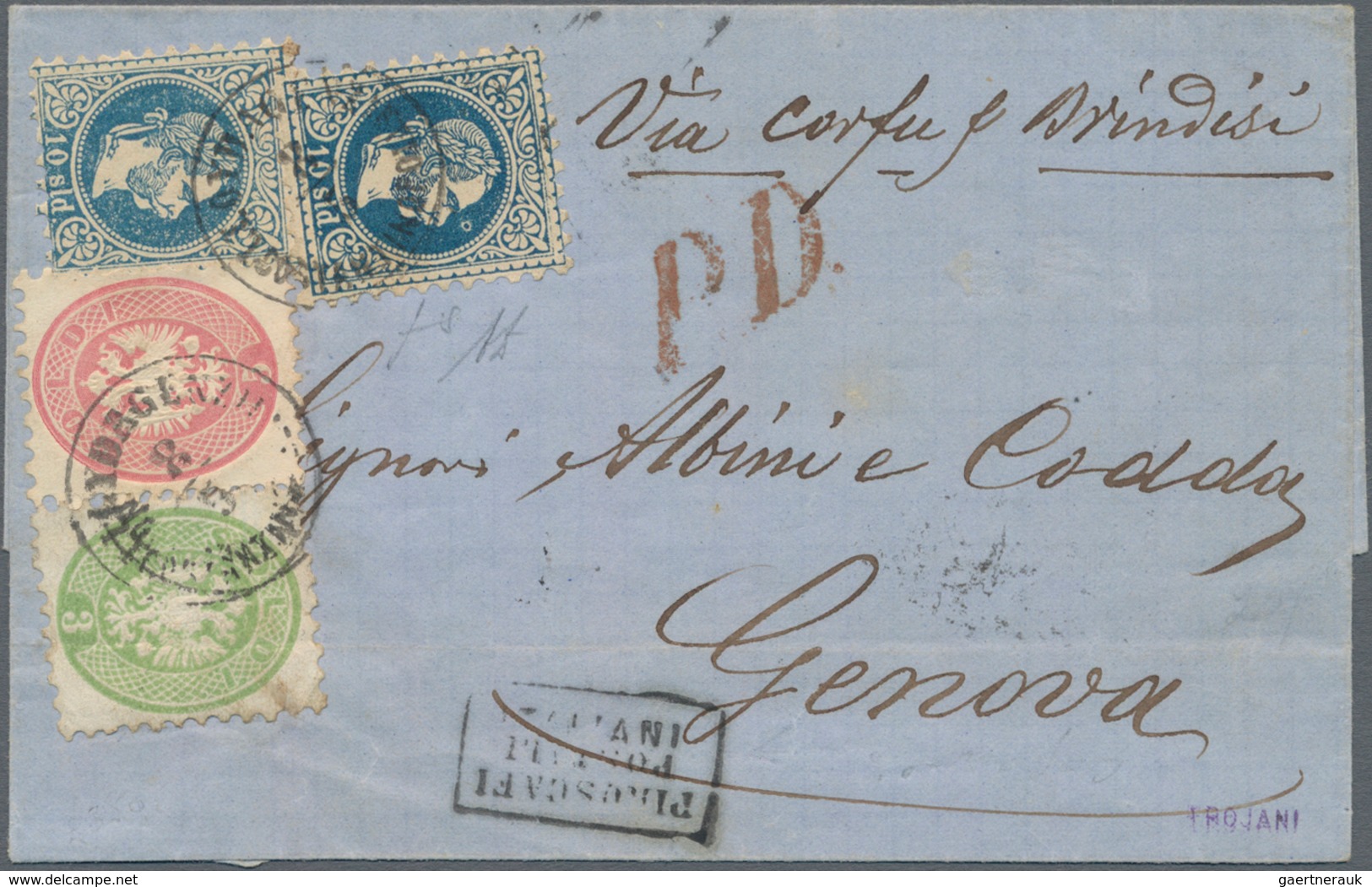 Österreichische Post In Der Levante: 1868 Folded Cover Sent From Lloyd Agency Constantinople To Geno - Levante-Marken
