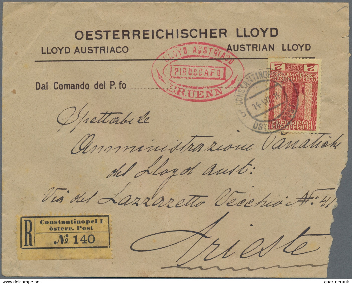 Österreichische Post In Der Levante: 1914, 2 Pia. Rot Auf Gelb Als Einzelfrankatur Auf R-Brief Des Ö - Levante-Marken