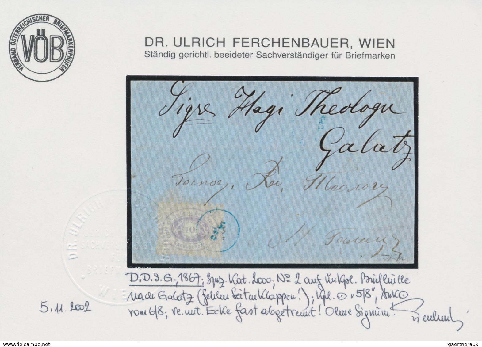 Österreich - Donau-Dampfschifffahrtsgesellschaft: GALATZ, 1866, 10 Kr. Lila Mit Blauem Ekr. "5/8" Au - Sonstige & Ohne Zuordnung