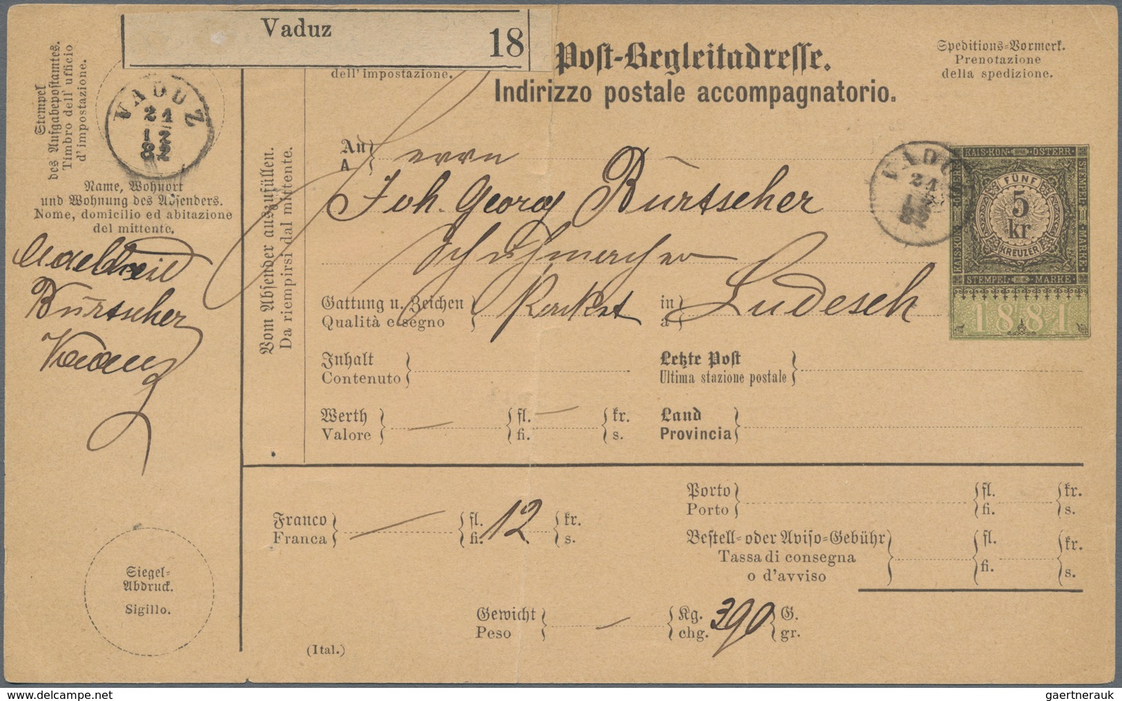 Österreich - Verwendung In Liechtenstein: 1881, Postbegleitadresse Dt.-ital.-Text (Mittelbug Und Ein - Other & Unclassified