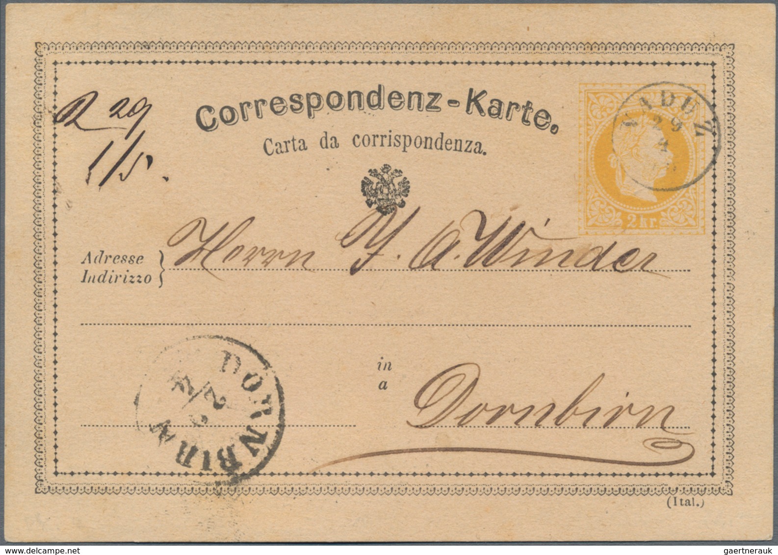 Österreich - Verwendung In Liechtenstein: 1872, Ganzsachen-Postkarte 2 Kr. Kaiserkopf Gelb, Adresse - Sonstige & Ohne Zuordnung