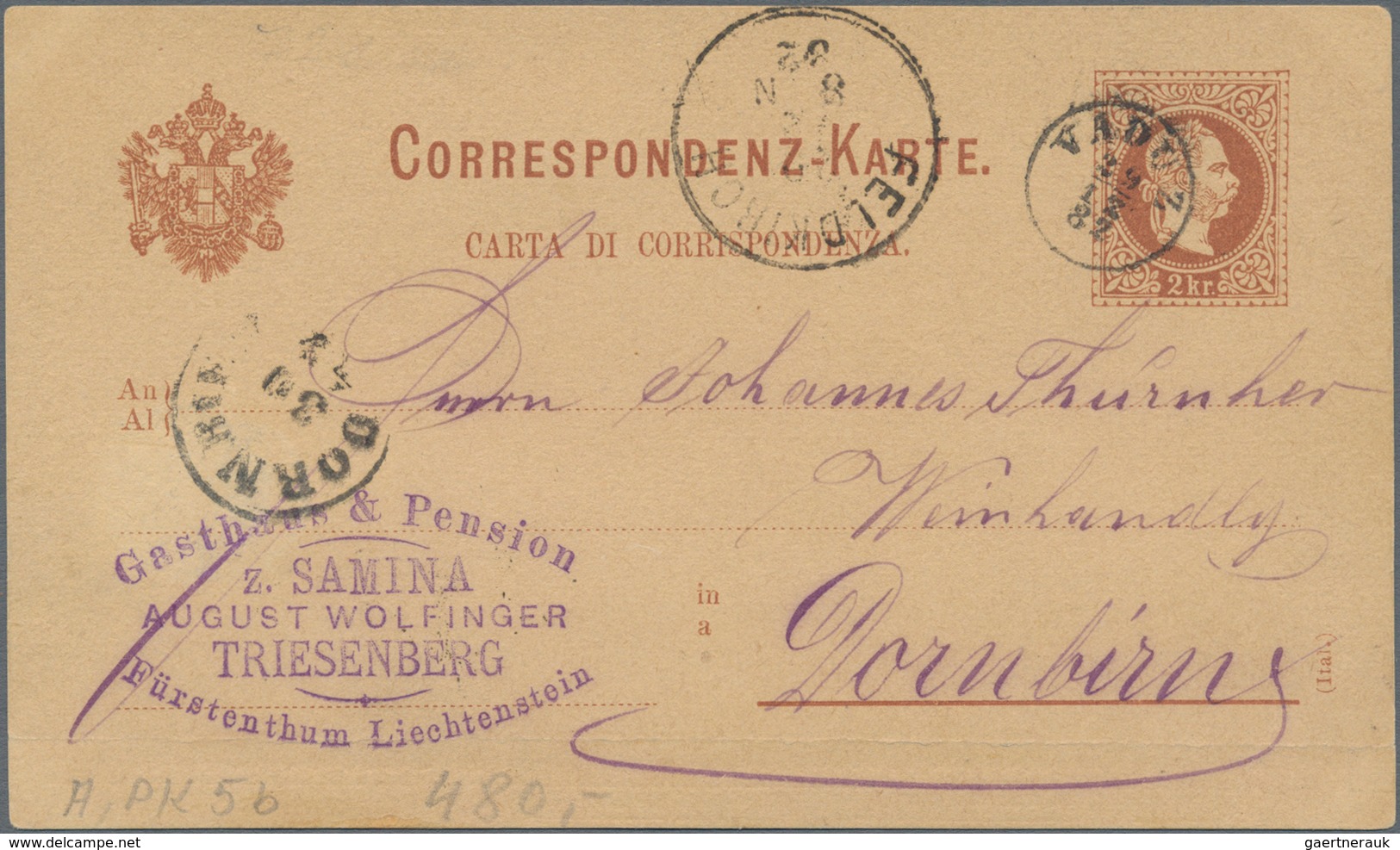 Österreich - Verwendung In Liechtenstein: 1878, Ganzsachen-Postkarte 2 Kr. Kaiserkopf Rotbraun,dt.-i - Sonstige & Ohne Zuordnung
