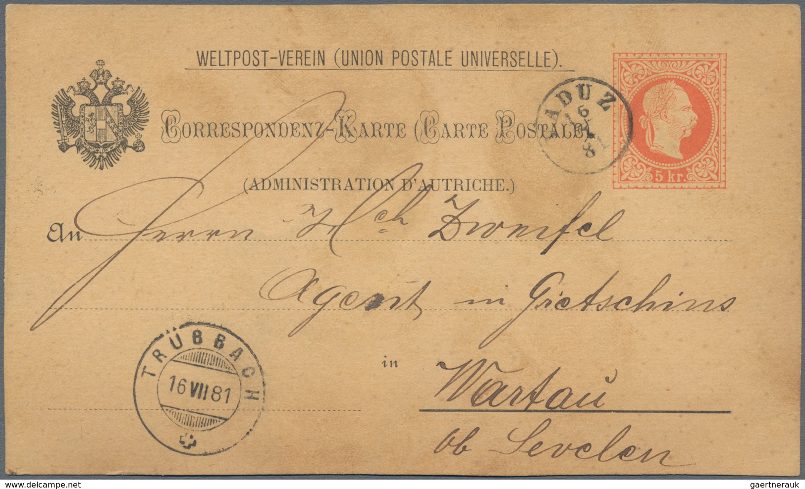 Österreich - Verwendung In Liechtenstein: 1880, Ganzsachen-Weltpostvereinkarte 5 Kr. Kaiserkopf Rot, - Sonstige & Ohne Zuordnung