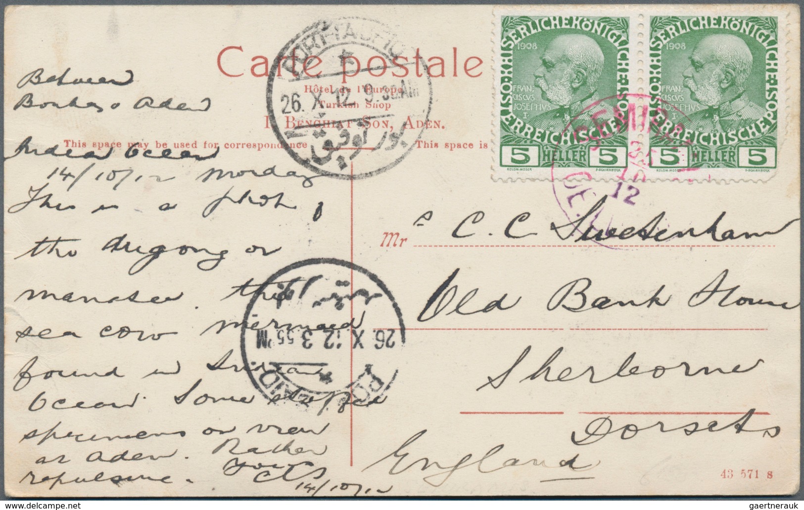 Österreich - Schiffspost: 1912, Österreich, 2 X 5 H Grün, Entwertet Mit Lilarotem K1 SEMIRAMIS/OE.LL - Other & Unclassified