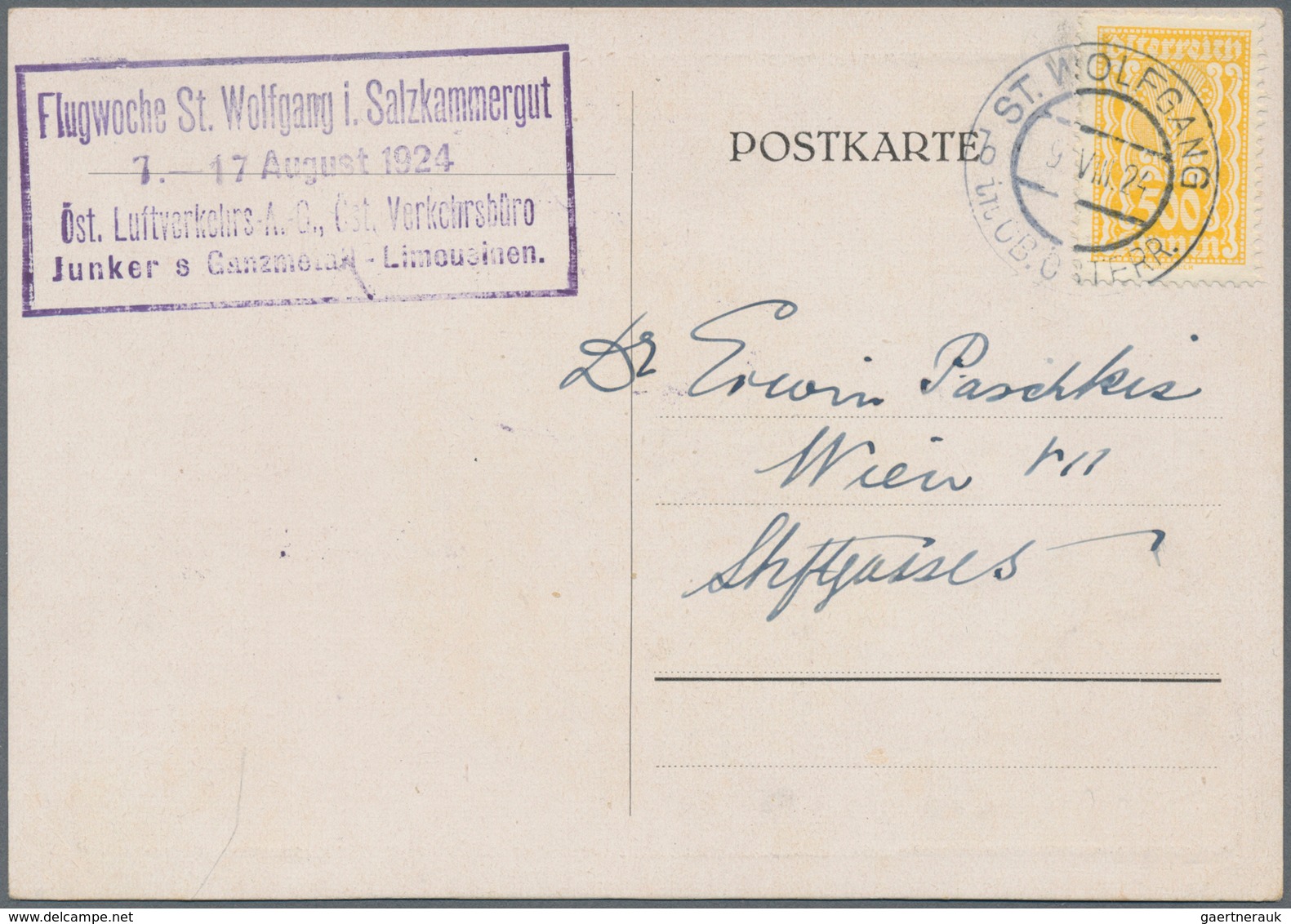 Österreich - Flugpost: 1924 (9.8.), Kornähre 500 Kr. Gelb Einzelfrankatur Auf Postkarte Von St. Wolf - Sonstige & Ohne Zuordnung