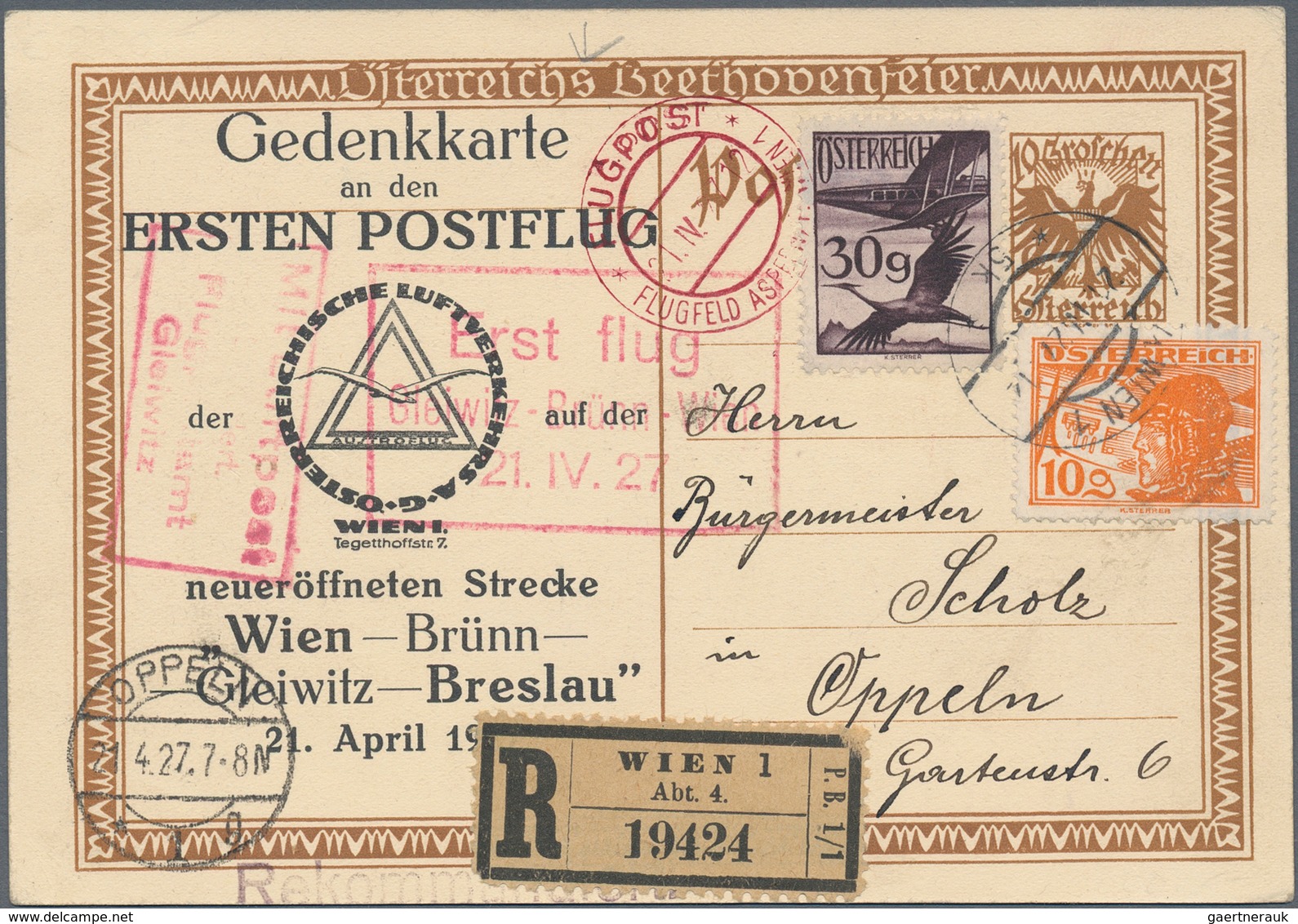 Österreich - Flugpost: 1927 (21.4.), Bildpostkarte 10 Gr. (Beethoven) Mit Zusatzfrankatur 10 Gr. Pil - Other & Unclassified