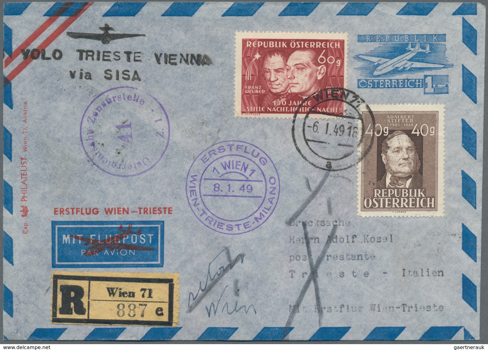 Österreich - Flugpost: 1949 (6.1.), Eingeschriebener Luftpost-Umschlag 1 S. Flugzeug Mit Rotem Zudru - Other & Unclassified