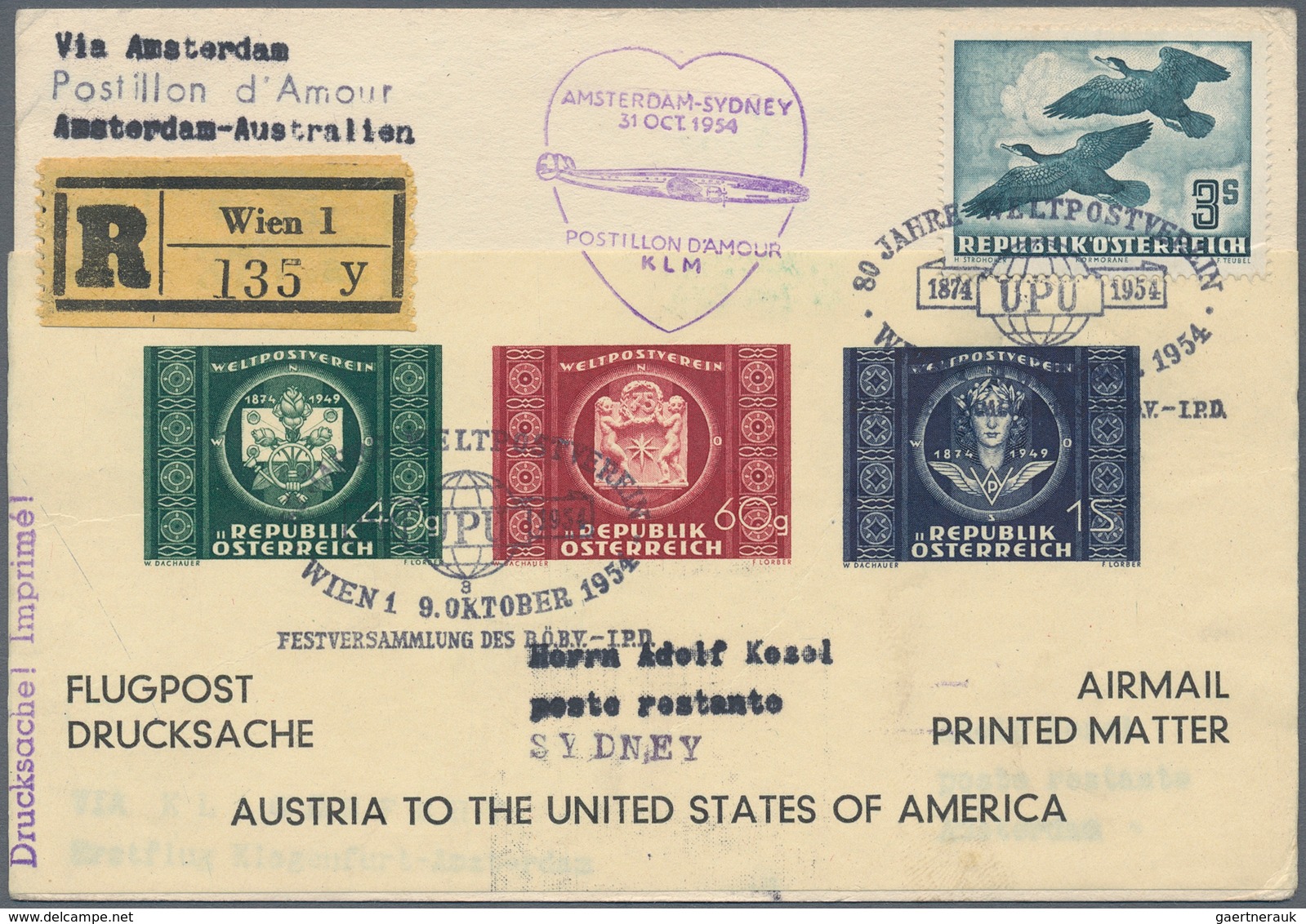 Österreich - Flugpost: 1954 (9.10.), Flugpost Vögel 3 S. Sowie UPU-Adresszettel (Austria To The Unit - Other & Unclassified