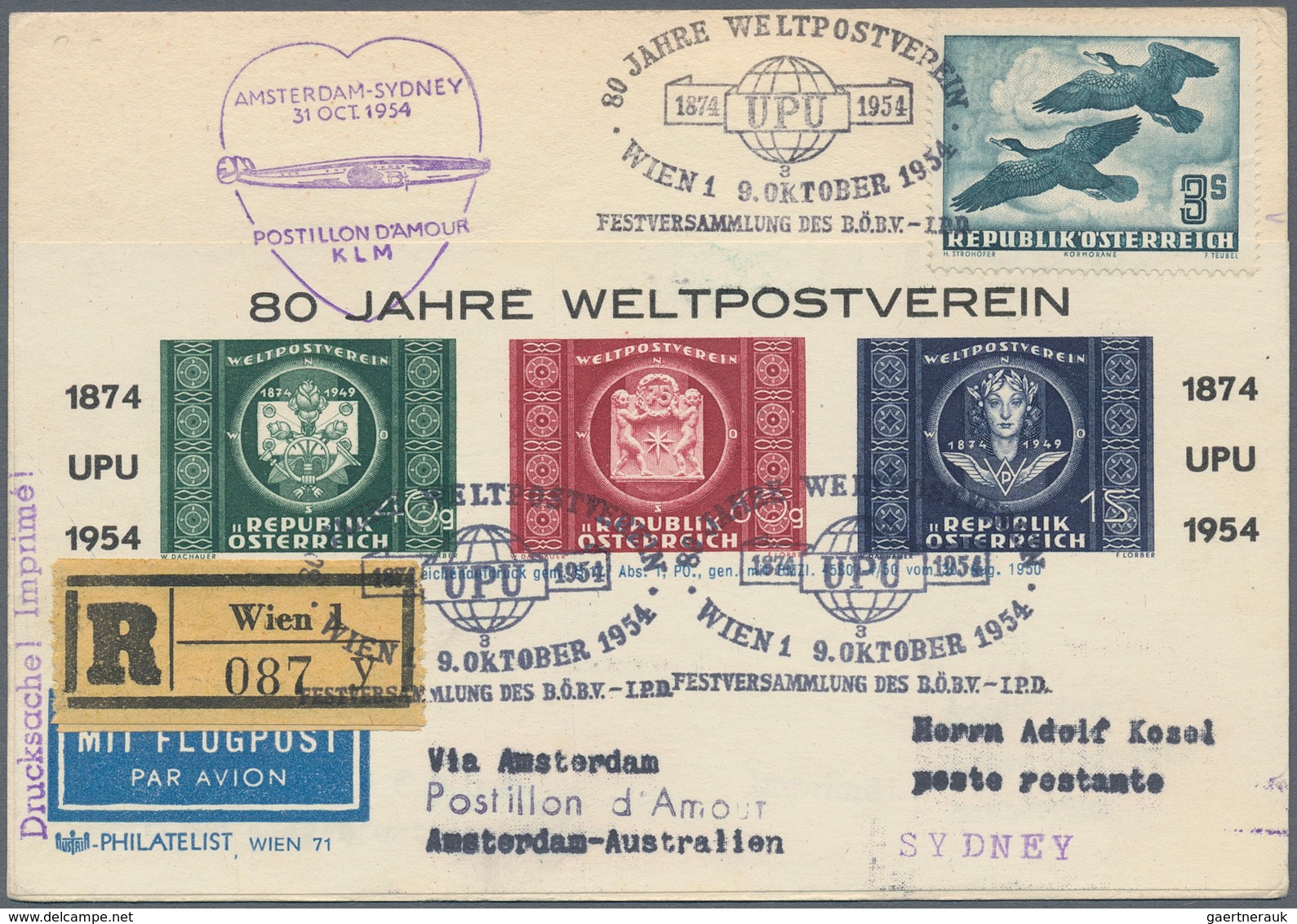 Österreich - Flugpost: 1954 (9.10.), Flugpost Vögel 3 S. Sowie UPU-Adresszettel (mit Priv. Zudruck) - Sonstige & Ohne Zuordnung