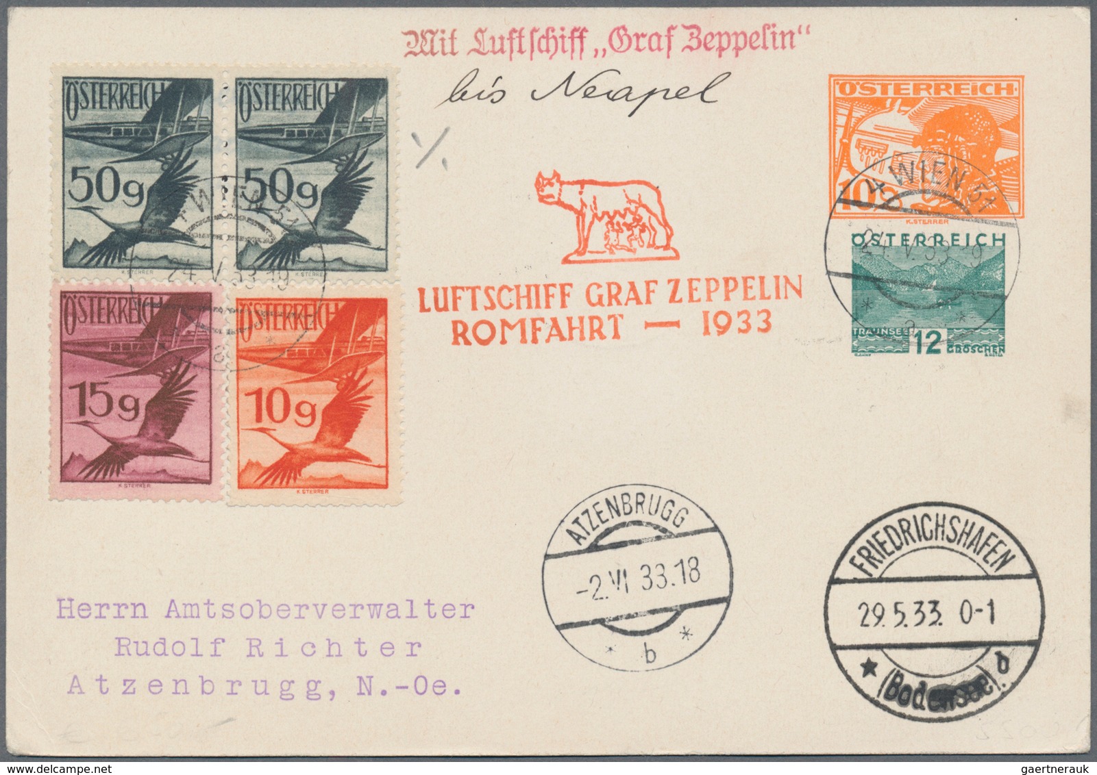 Österreich - Zeppelinpost: 1933, ZEPPELIN-Romfahrt Mit 6 Werten Auf Ganzsachenkarte Bis Neapel (Si 2 - Other & Unclassified