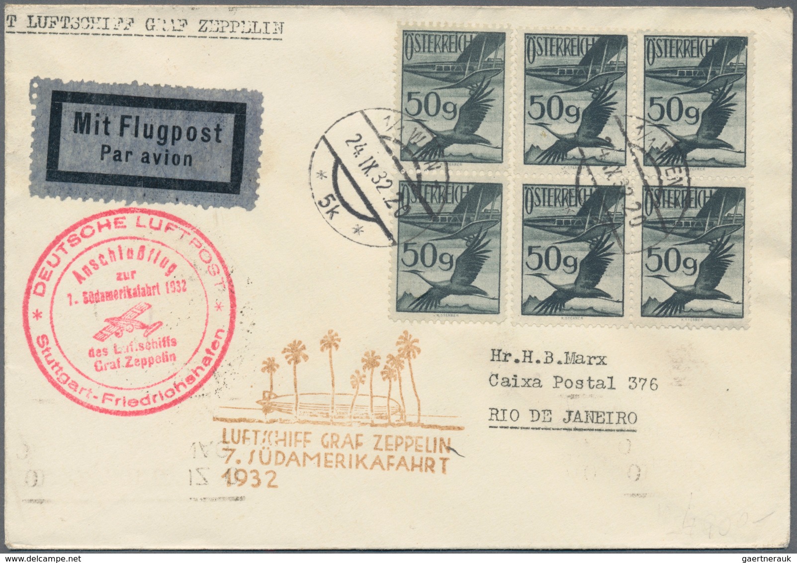 Österreich - Zeppelinpost: 1932, ZEPPELIN 7. SA-Fahrt Mit 6 Stück 50g Flugpost Auf Brief Von Wien Na - Other & Unclassified