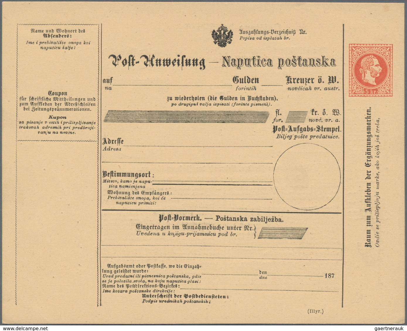 Österreich - Ganzsachen: 1872, Ungebrauchte Und Ungefaltete Postanweisung 5 Kr. Rot Auf Gelblich, Zw - Sonstige & Ohne Zuordnung