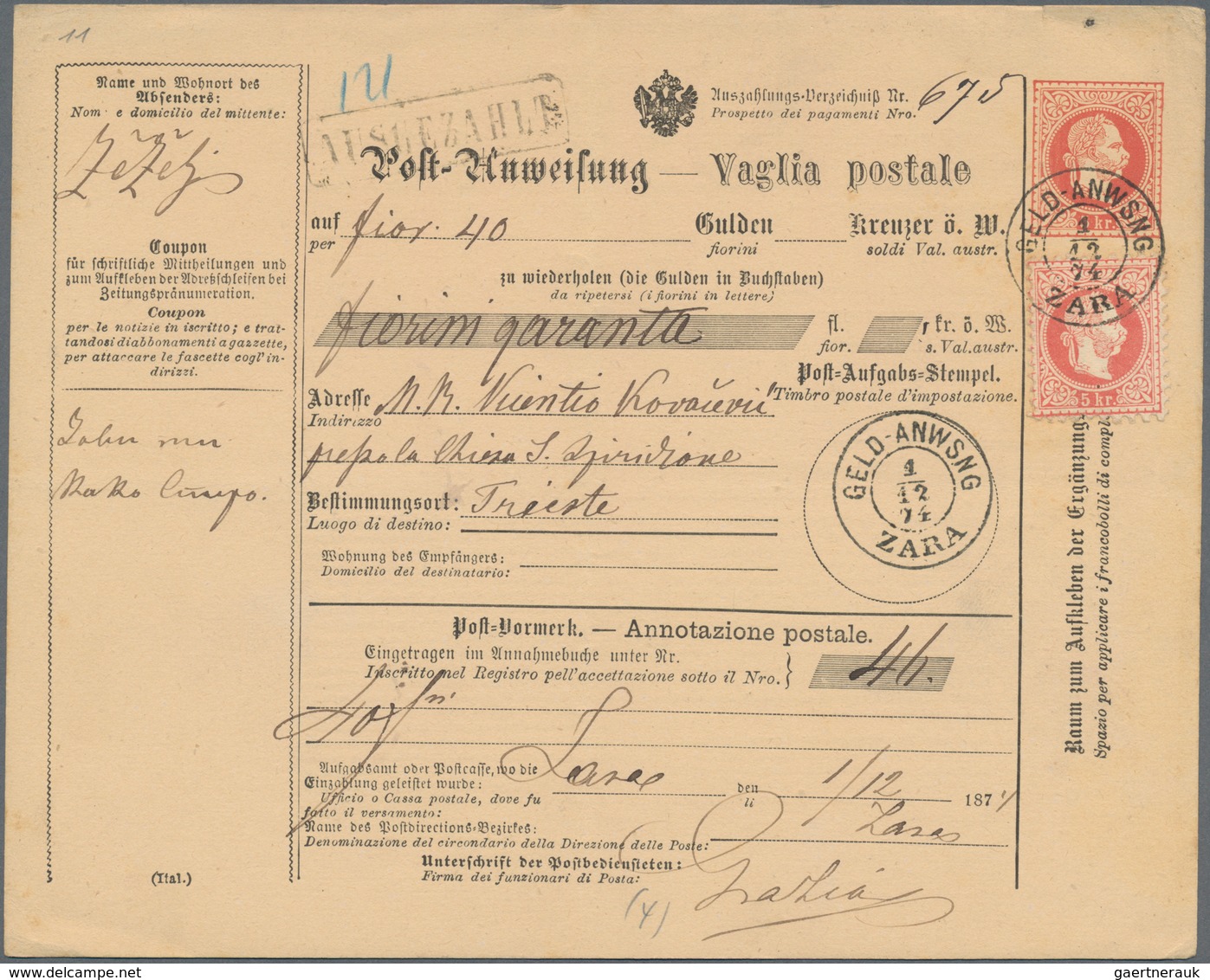 Österreich - Ganzsachen: 1874, Bedarfs- Und Portogerecht Verwendete Ganzsachenpostanweisung Von Zara - Sonstige & Ohne Zuordnung