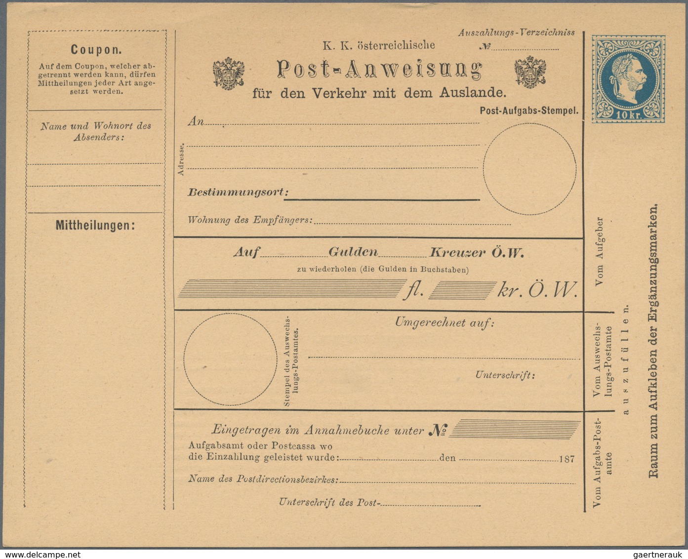 Österreich - Ganzsachen: 1875, Beide Varianten Der Postanweisung Für Den Auslandsverkehr 10 Kr. Blau - Other & Unclassified